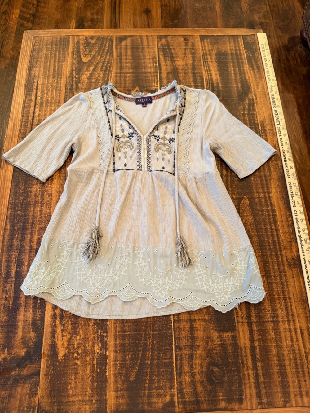 Aritzia Light Blue Embroidered Boho Peasant Tunic with Tassel Ties